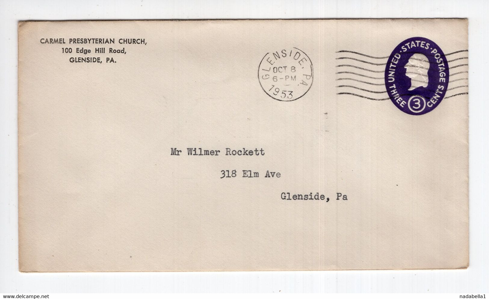 1953. UNITED STATES,GLENSIDE PA. LOCAL,CARMEL PRESBYTERIAN CHURCH HEADED COVER,3 CENTS STATIONERY STAMPED COVER - 1941-60