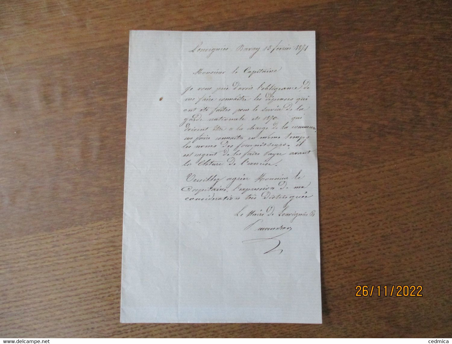 15 FEVRIER 1871 LOUVIGNIES BAVAY COURRIER LE MAIRE A MONSIEUR LE CAPITAINE - Manuscripts