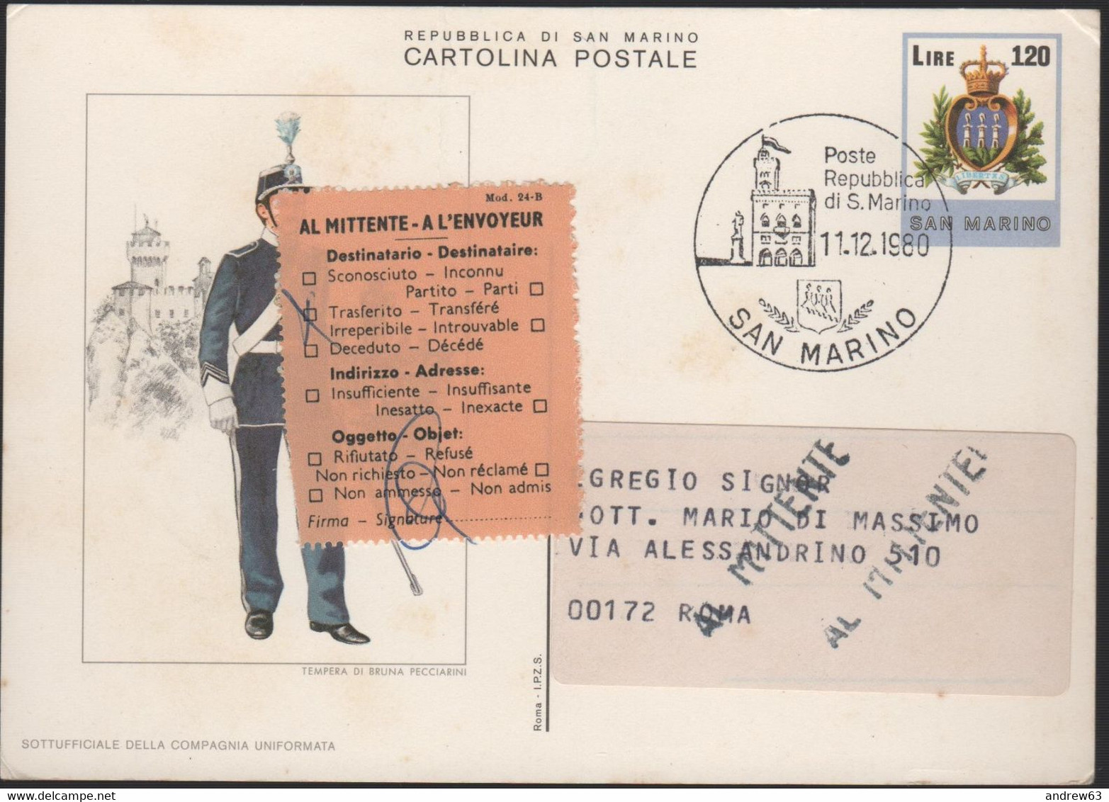 SAN MARINO - 1980 - CP48 - 120 Stemma - Uniformi Militari Sammarinesi - Intero Postale - Viaggiata Da San Marino Per Rom - Entiers Postaux