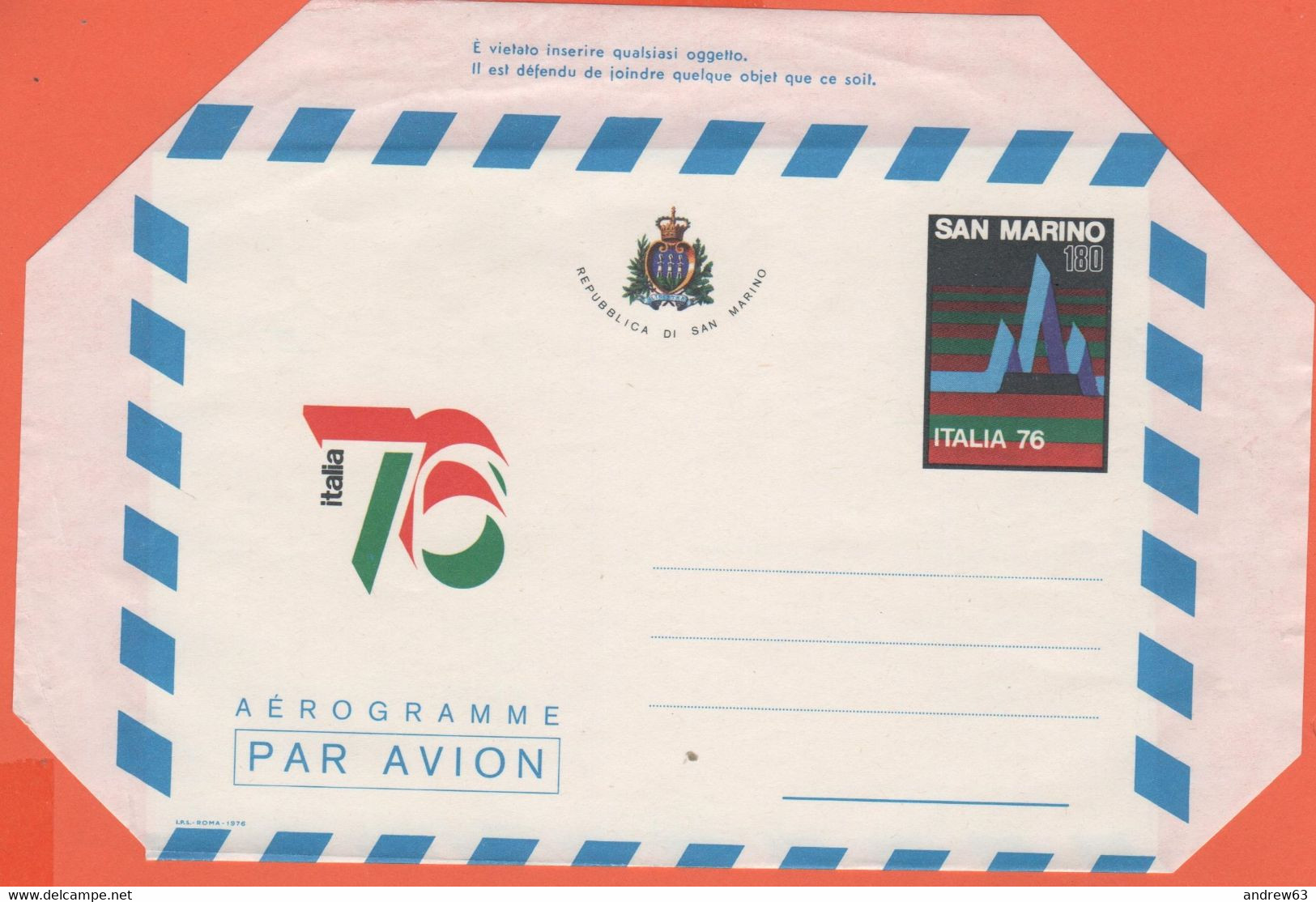 SAN MARINO - 1976 - AG8 - 180 Esposizione Mondiale Di Filatelia Italia '76 - Aerogramma - Intero Postale - NUOVO - Entiers Postaux