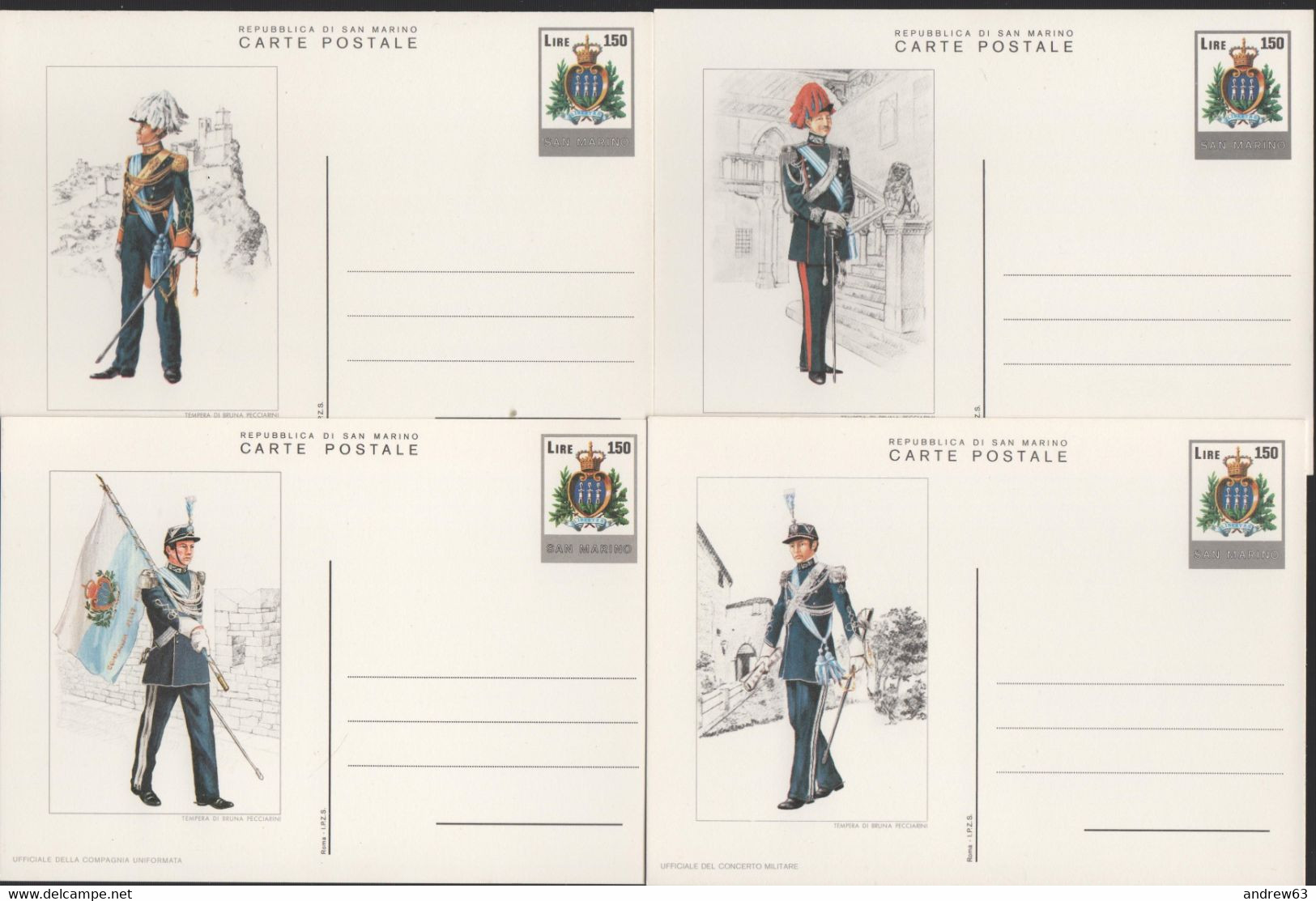 SAN MARINO - 1979/1980 - CP47/CP49 - 150 Stemma - Uniformi Militari Sammarinesi - 4 X Cartolina - Intero Postale - Nuovo - Interi Postali