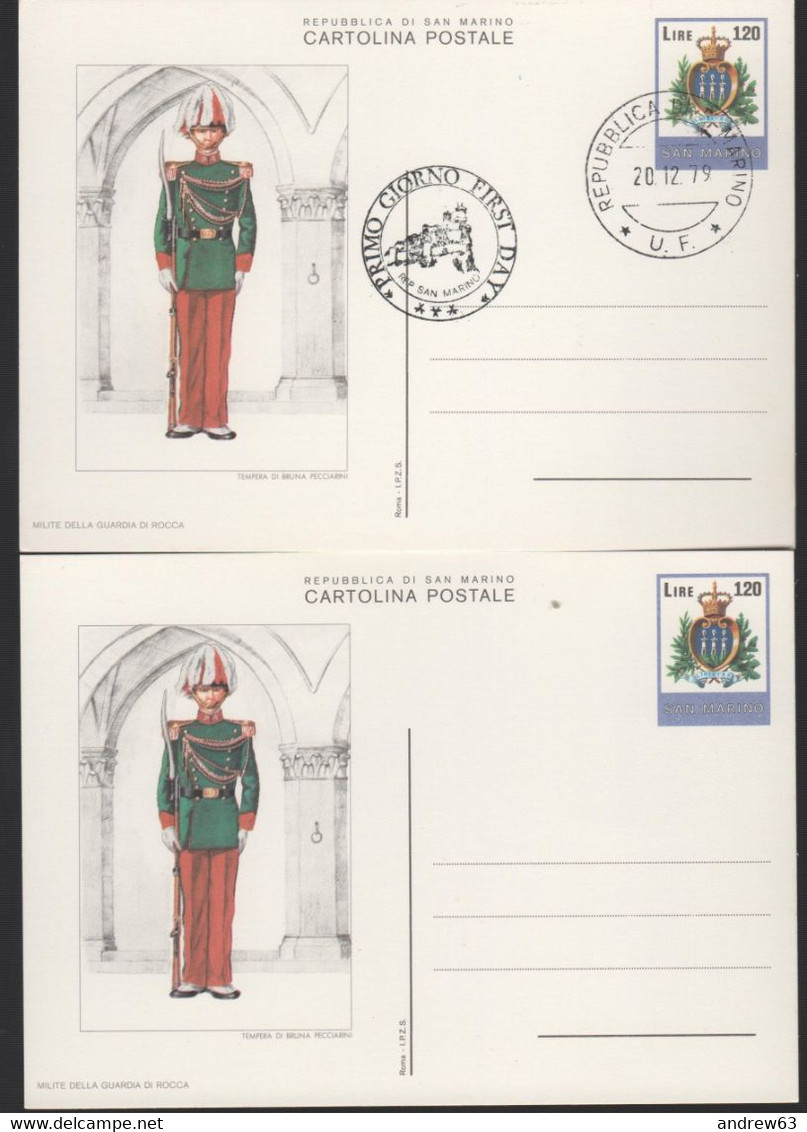 SAN MARINO - 1979 - CP46 - 120 Stemma - Uniformi Militari Sammarinesi - 2 X Cartolina (1 Nuovo E 1 FDC) - Intero Postale - Entiers Postaux