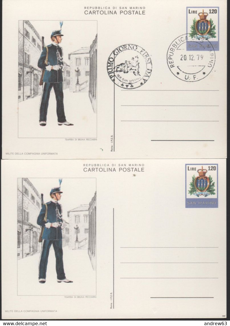 SAN MARINO - 1979 - CP46 - 120 Stemma - Uniformi Militari Sammarinesi - 2 X Cartolina (1 Nuovo E 1 FDC) - Intero Postale - Interi Postali