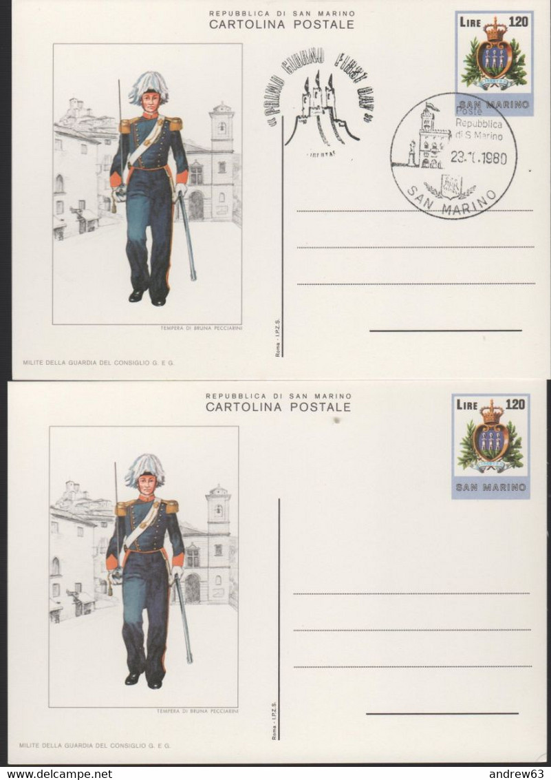 SAN MARINO - 1980 - CP48 - 120 Stemma - Uniformi Militari Sammarinesi - 2 X Cartolina (1 Nuovo E 1 FDC) - Intero Postale - Entiers Postaux