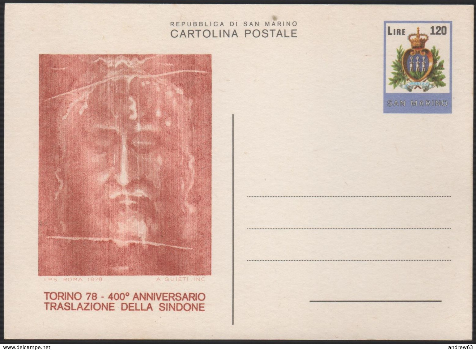 SAN MARINO - 1978 - CP45 - 120 Stemma - Sacra Sindone - Cartolina - Intero Postale - Nuovo - Interi Postali