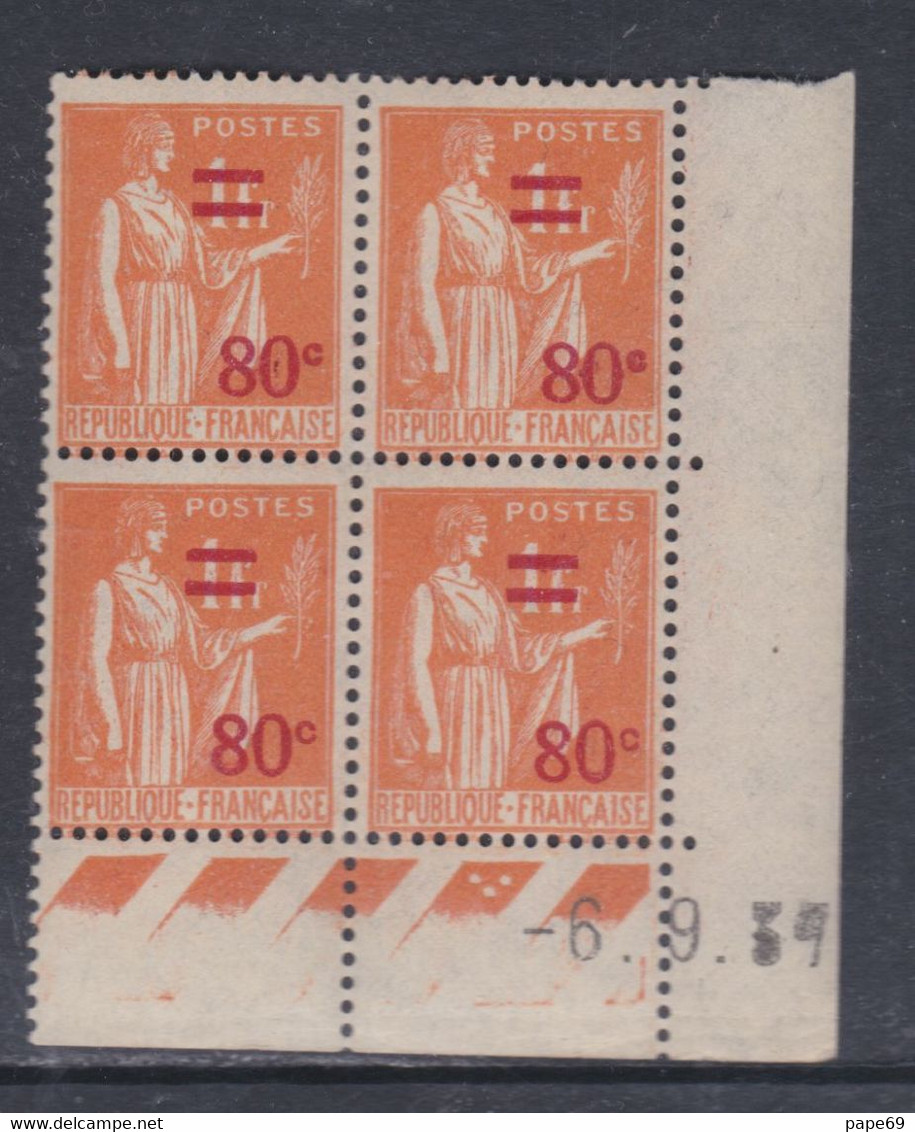 France N° 359 XX Type Paix : 80 C. Sur 1 F.   En Bloc De 4 Coin Daté Du 6 . 9 . 37 , 3 Points Blancs, Sans Char. TB - 1930-1939