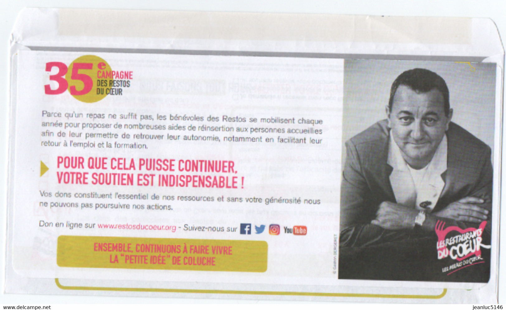 Prêt-à-poster. Enveloppe Réponse T. Eco. Restaurants Du Coeur, Campagne N°35, 2019. Photo De Coluche. - Cards/T Return Covers