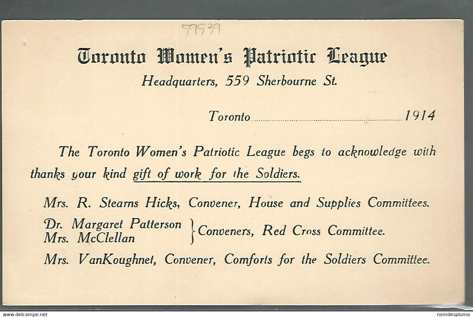 59539) Canada Postal Stationery Toronto Women's Patriotic League Type 6 Die 1A 1914 - 1903-1954 Könige