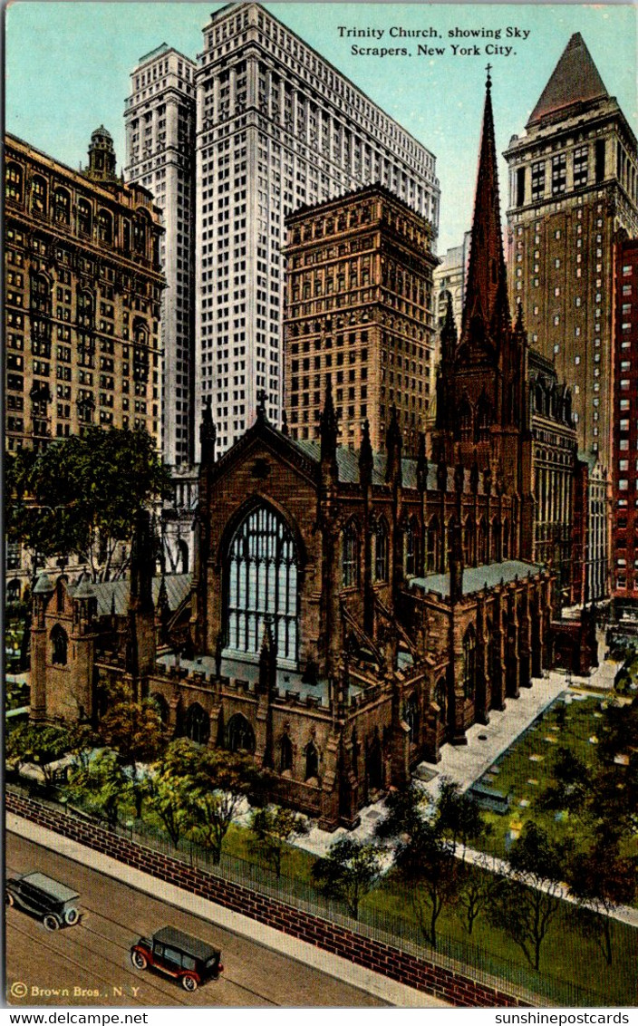 New York City Trinity Church Showing Sky Scrapers Curteich - Churches