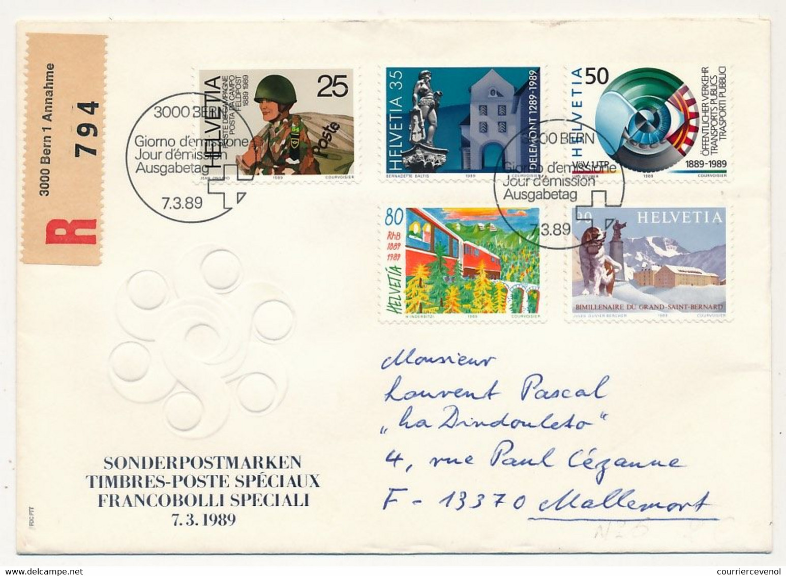 SUISSE - Env. FDC Recommandée - Série Timbres Poste Spéciaux - BERN 1 - 7/3/1989 - FDC