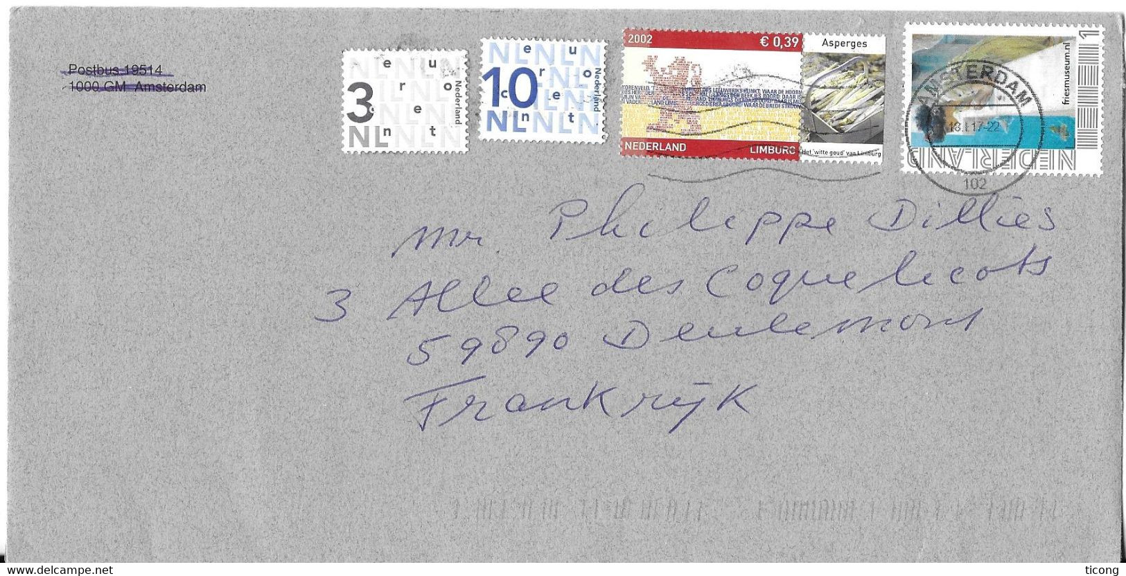 AMSTERDAM PAYS BAS 2017 - LETTRE POUR LA FRANCE, LIMBOURG, ASPERGE, FRIESMUSEUM - VOIR LES SCANNERS - Storia Postale