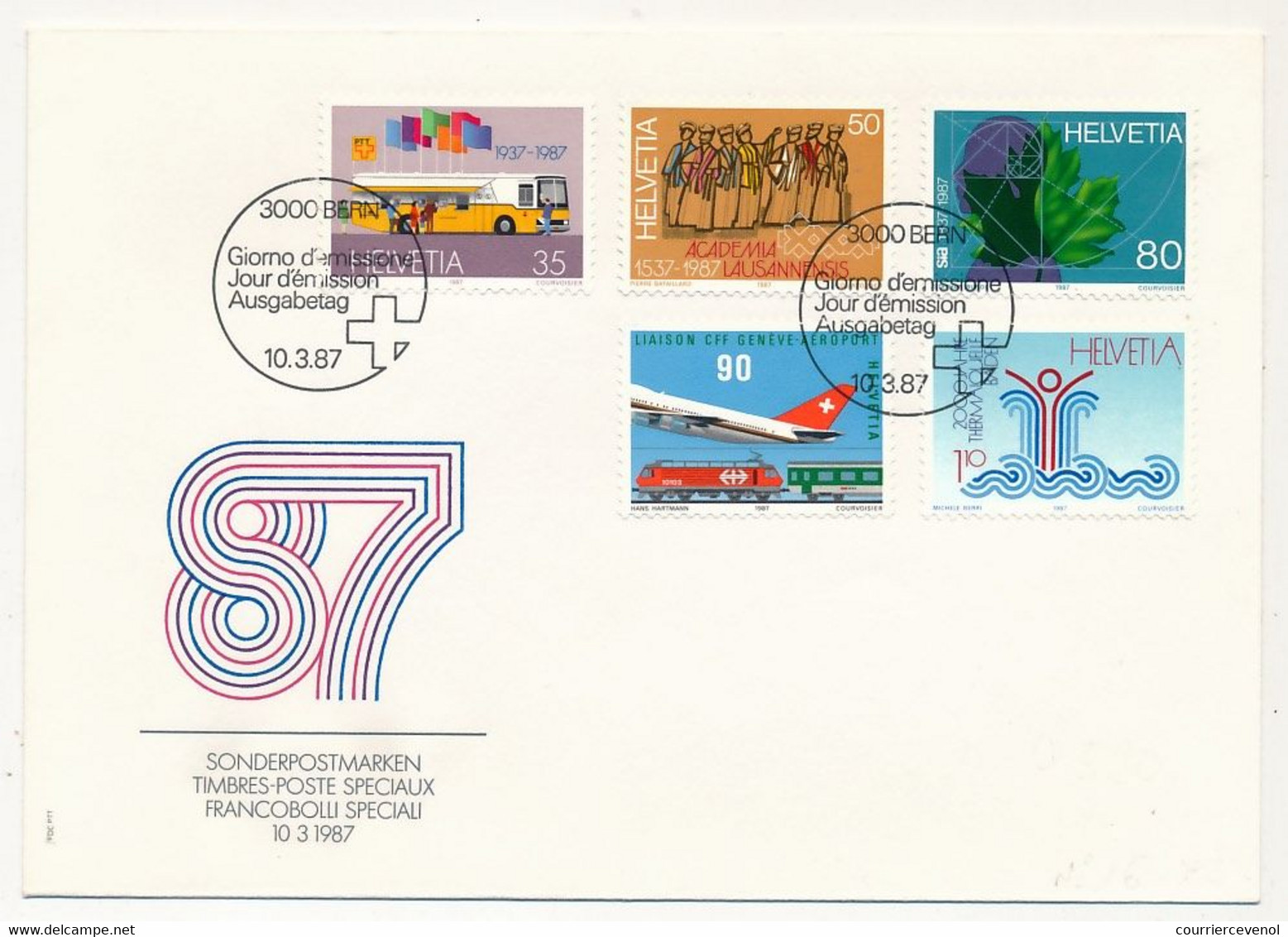 SUISSE - Envel. FDC - Timbres Spéciaux 1987 - Poste Automobile, Académie Lausanne, Thermes Baden - Bern - 10/03/1987 - FDC