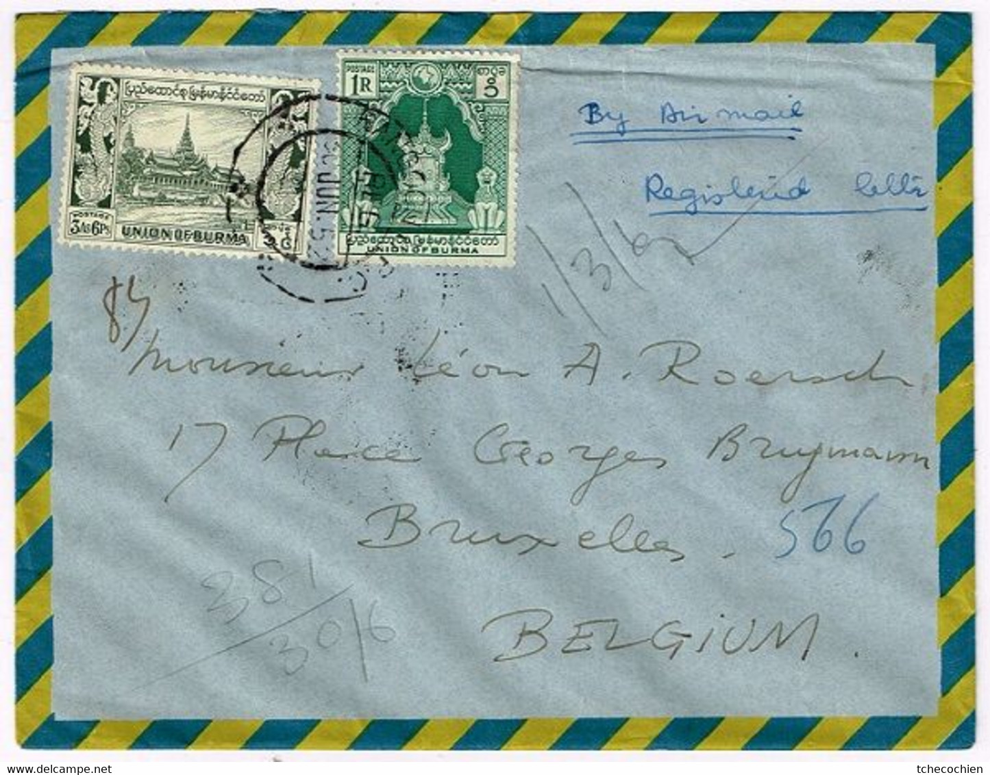 Burma - Myanmar - 1952 - Stamps On Registered Cover From Rangoon To Brussel Belgium - Myanmar (Burma 1948-...)