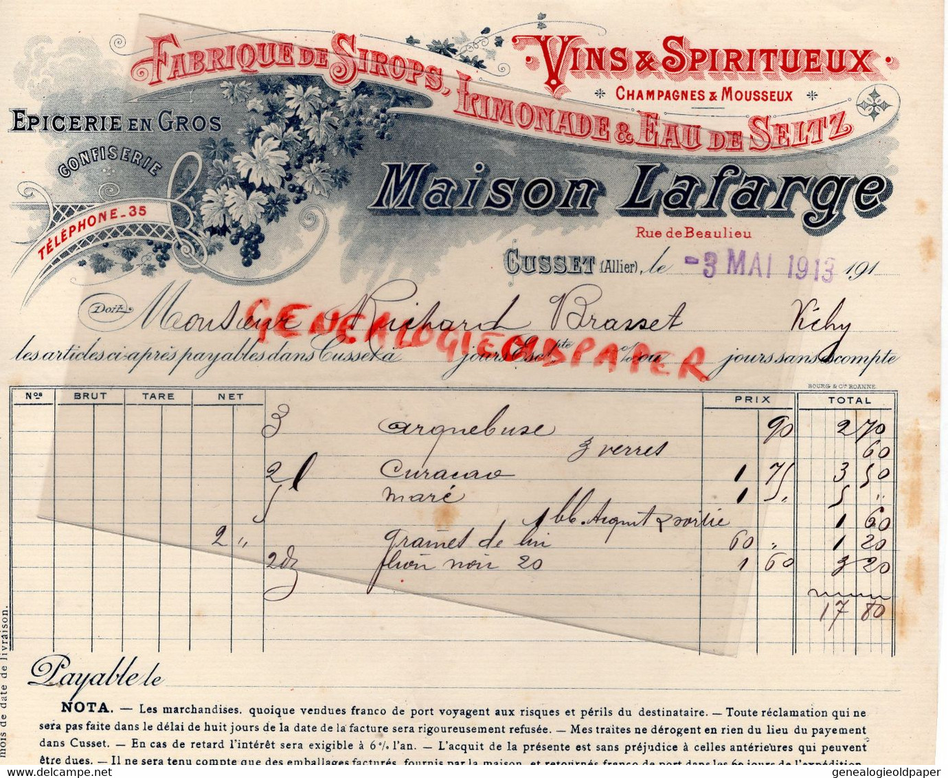 03- CUSSET- FACTURE MAISON LAFARGE-VINS SPIRITUEUX FABRIQUE SIROPS LIMONADE EAU DE SELTZ-RICHARD BRASSET VICHY-1913 - Lebensmittel