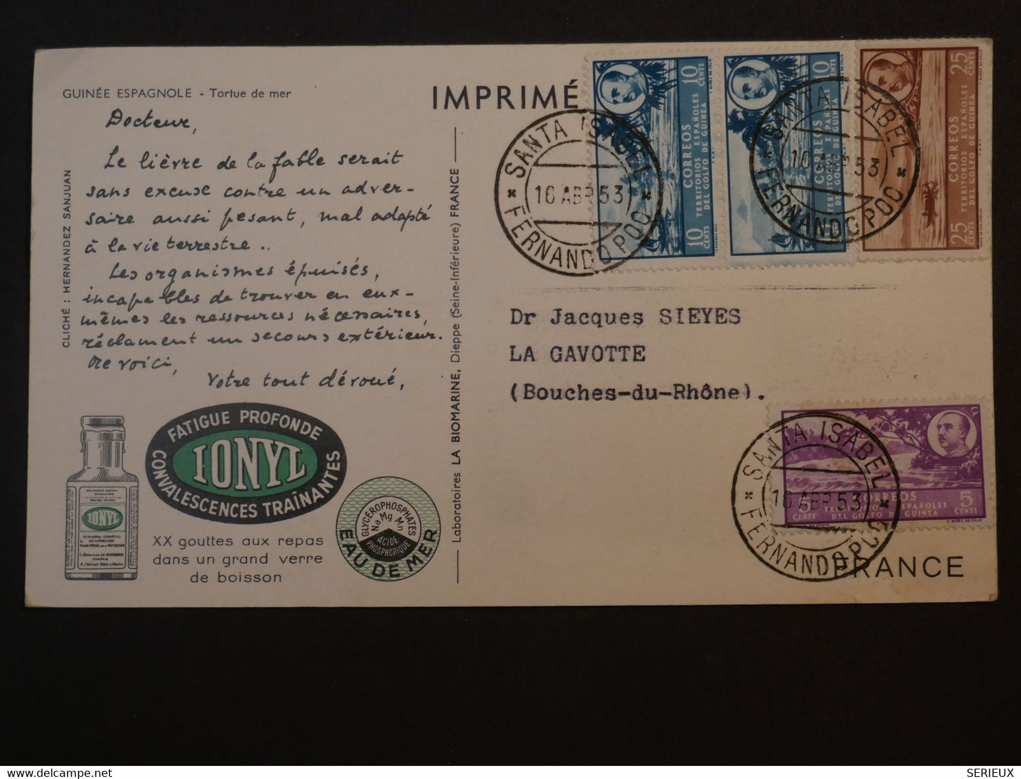 # 32  GUINEE ESPAGNOLE  BELLE CARTE . 1953   SANTA ISABEL   A  LA GAVOTTE  FRANCE ++ AFFR.  PLAISANT+++ - Guinea Española