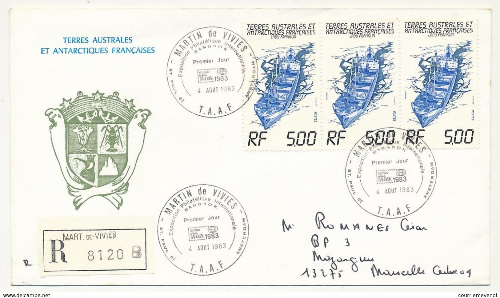 TAAF - Env. Recommandée Affr 5,00f X3 Lady Franklin - Obl Premier Jour St Martin De Vivies - 4 Aout 1983 - Brieven En Documenten