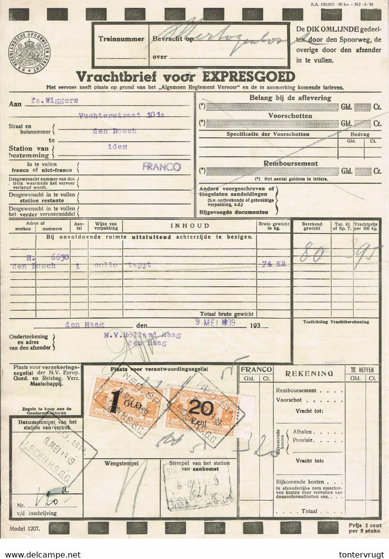 NS Spoorweg Vrachtbrief - Leiden 1939 1 Gld Geel + 20 Ct Geel > Met Zegelrand! - Tren