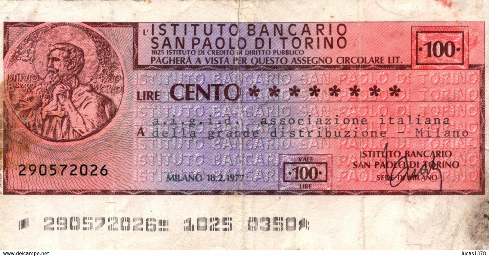 MINIASSEGNI - ISTITUTO BANCARIO SAN PAOLO DI TORINO - L. 100 - [10] Checks And Mini-checks