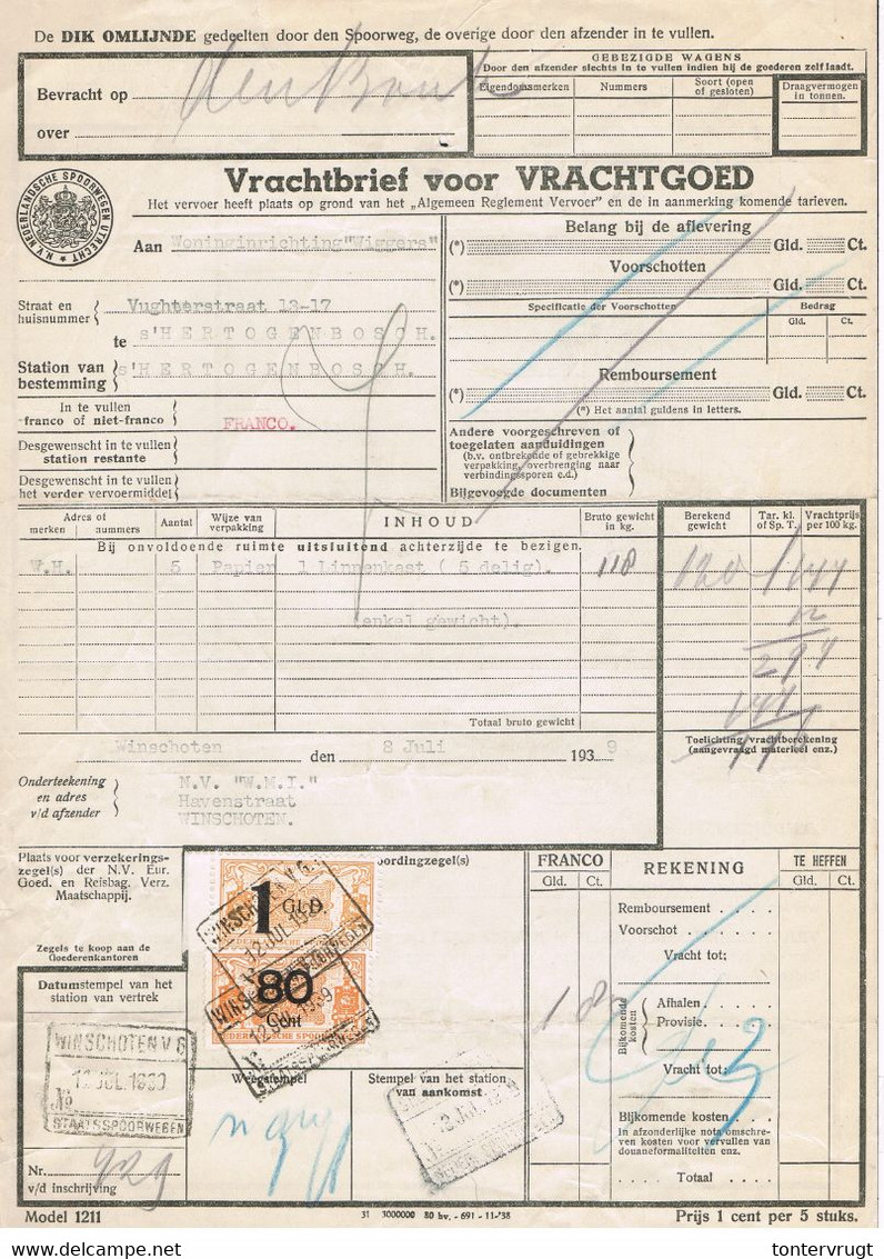 NS Spoorweg Vrachtbrief - Winschoten 1939 1 Gld Geel + 80 Cent Geel - Tren