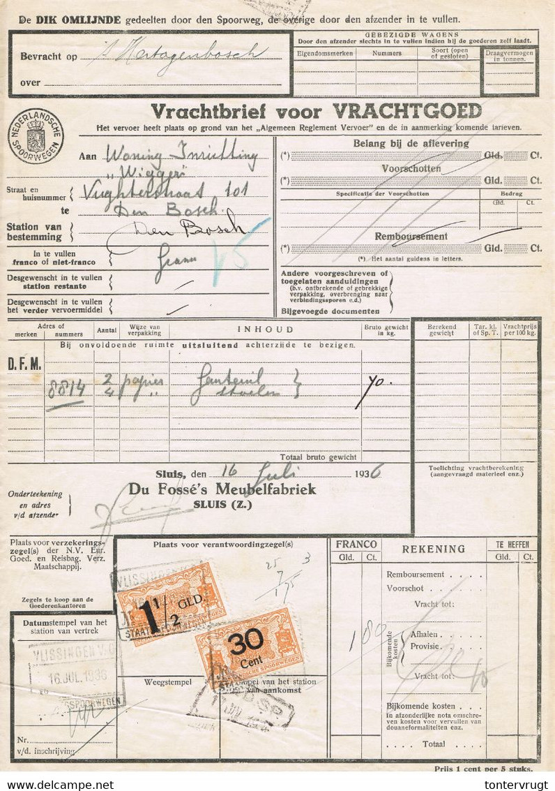 NS Spoorweg Vrachtbrief - Vlissingen 1936 1,5 Gld Geel + 30 Cent Geel - Railway