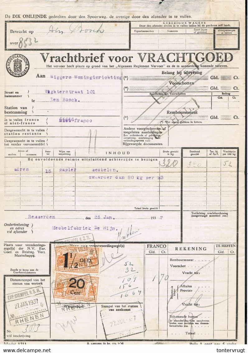 NS Spoorweg Vrachtbrief - Rhenen 1937 1,5 Gld Geel + 20 Cent Geel - Railway