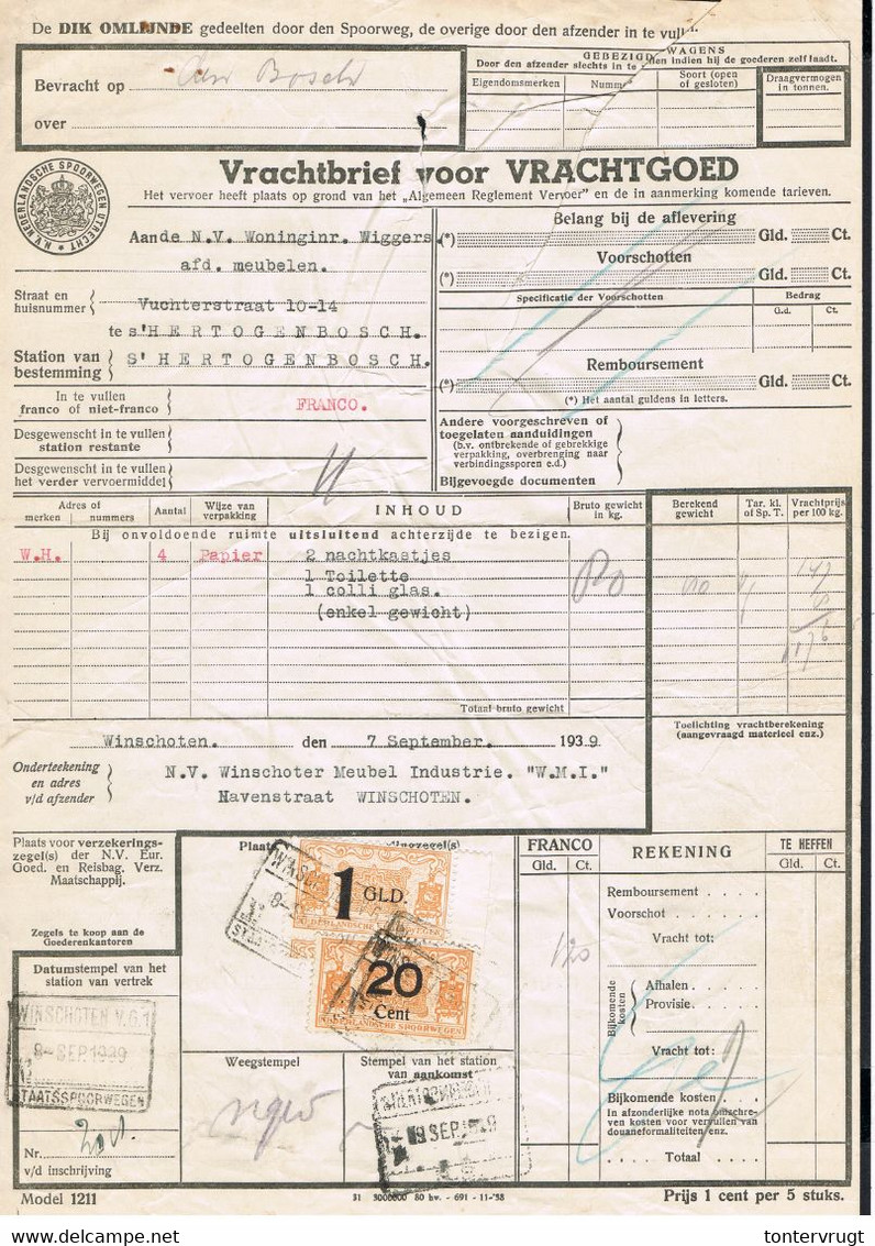 NS Spoorweg Vrachtbrief - Winschoten 1939 20 Cent Geel + 1 Gld Geel > Met Zegelrand! - Tren