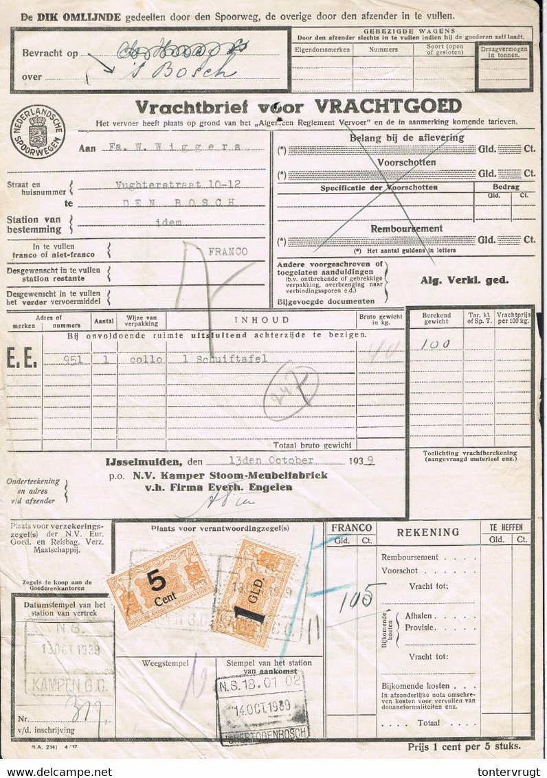 NS Spoorweg Vrachtbrief - Kampen 1939 1 Gld Geel + 5 Cent Geel - Railway