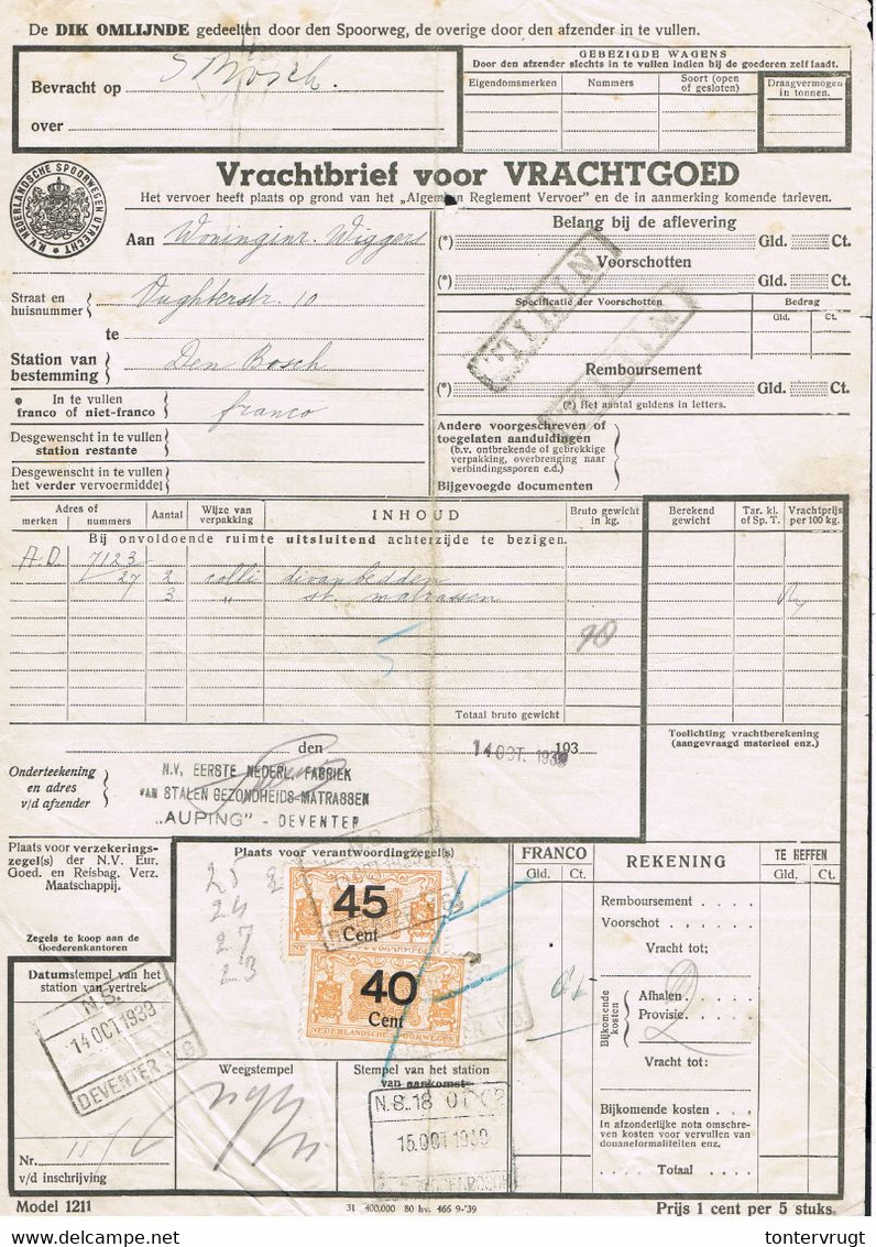 NS Spoorweg Vrachtbrief - Deventer 1939 40 Cent Geel + 45 Cent Geel > Met Zegelrand! - Schienenverkehr