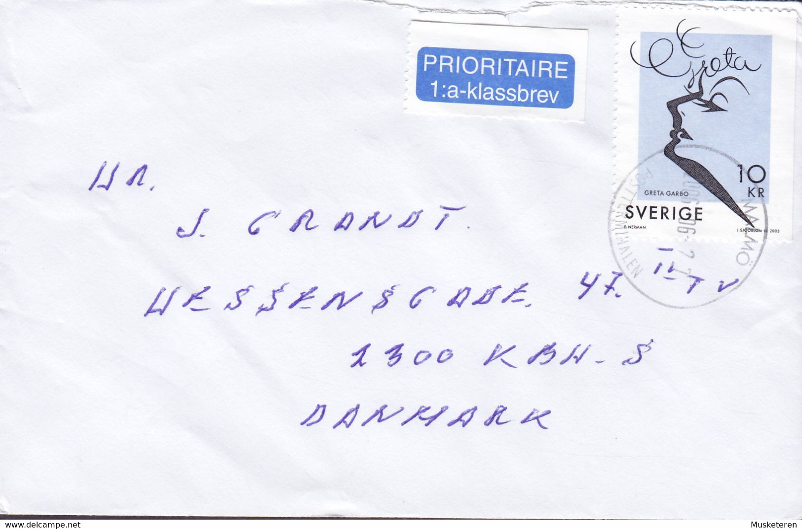 Sweden PRIORITAIRE 1:a-klassbrev Label MALMÖ Postterminalen 2006 'Petite' Cover Brief Denmark 3-Sided Perf. Greta Garbo - Lettres & Documents