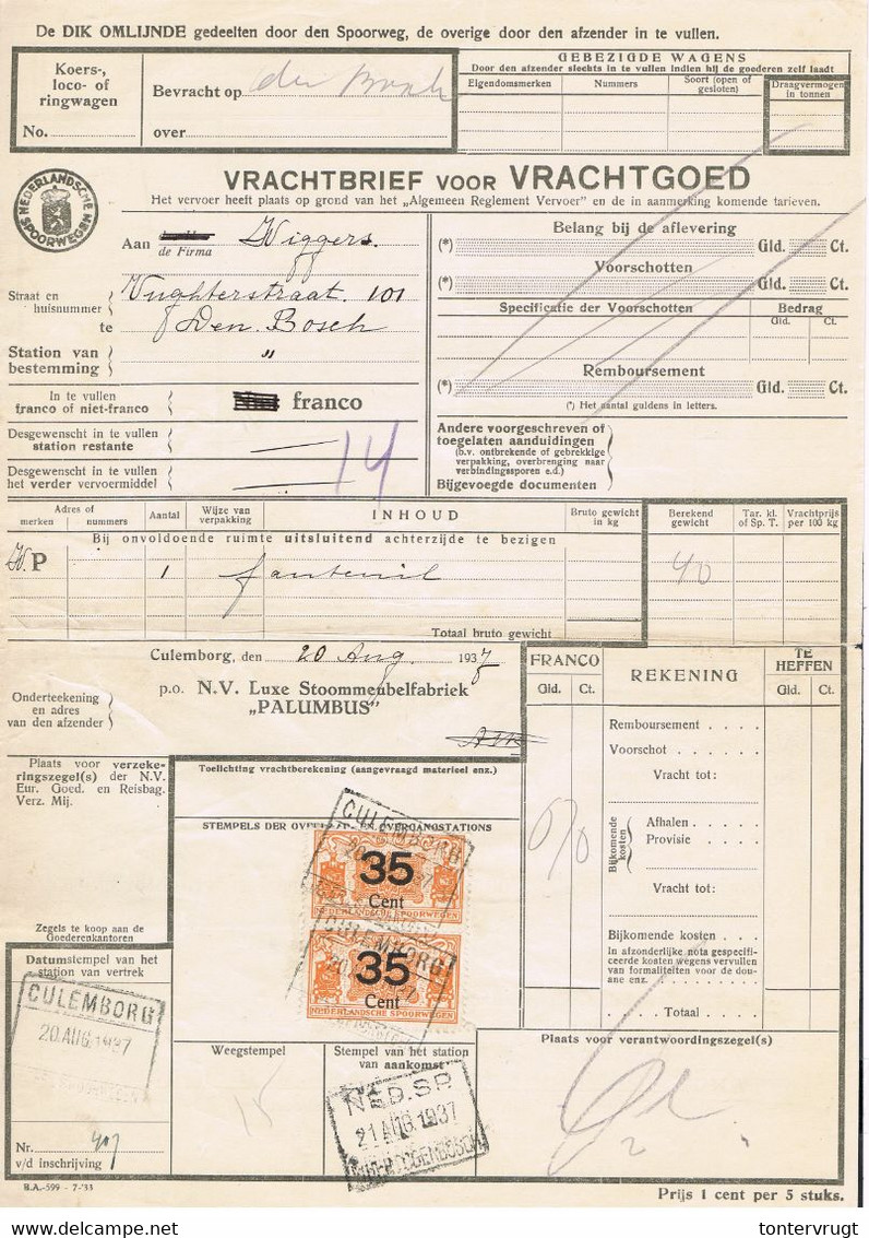 NS Spoorweg Vrachtbrief - Culemborg 1937 35 Cent Geel > PAARTJE - Schienenverkehr