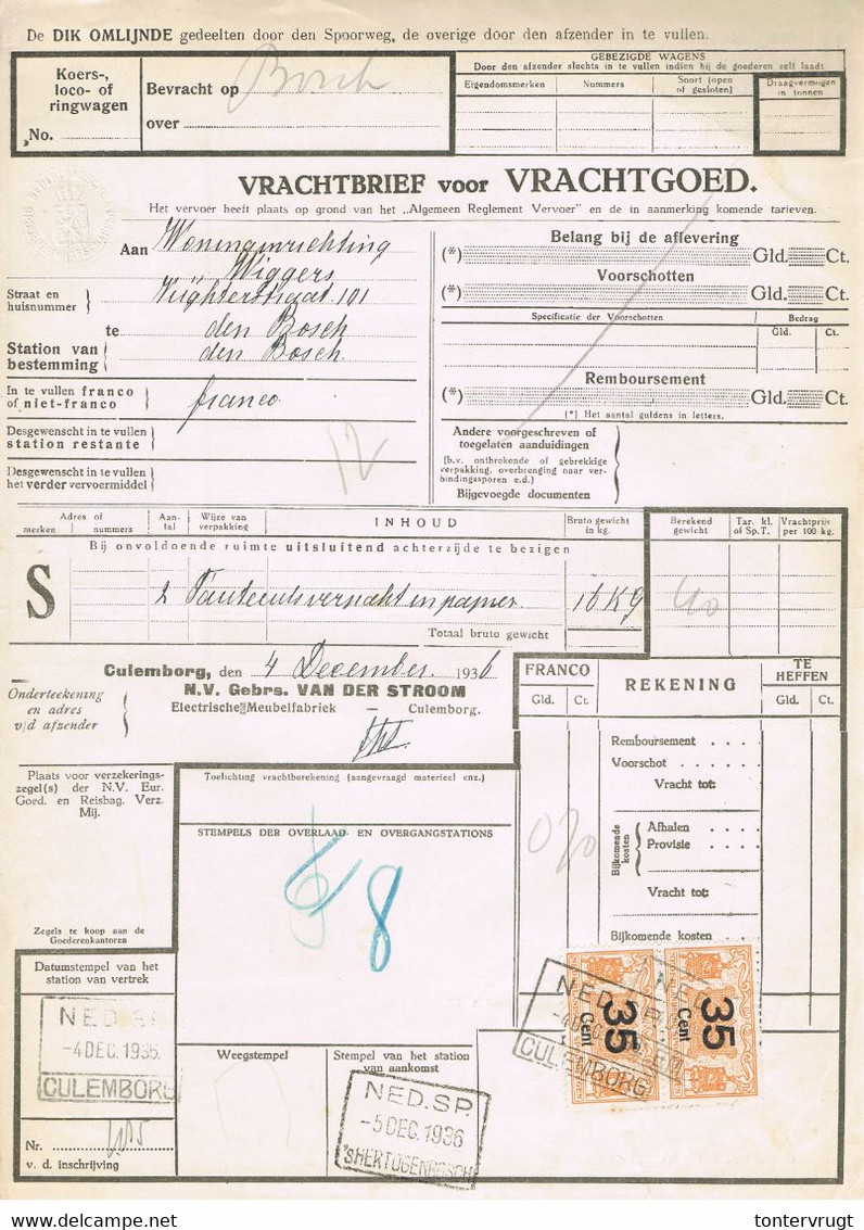 NS Spoorweg Vrachtbrief - Culemborg 1936 35 Cent Geel > PAARTJE Met DROOGSTEMPEL! - Tren