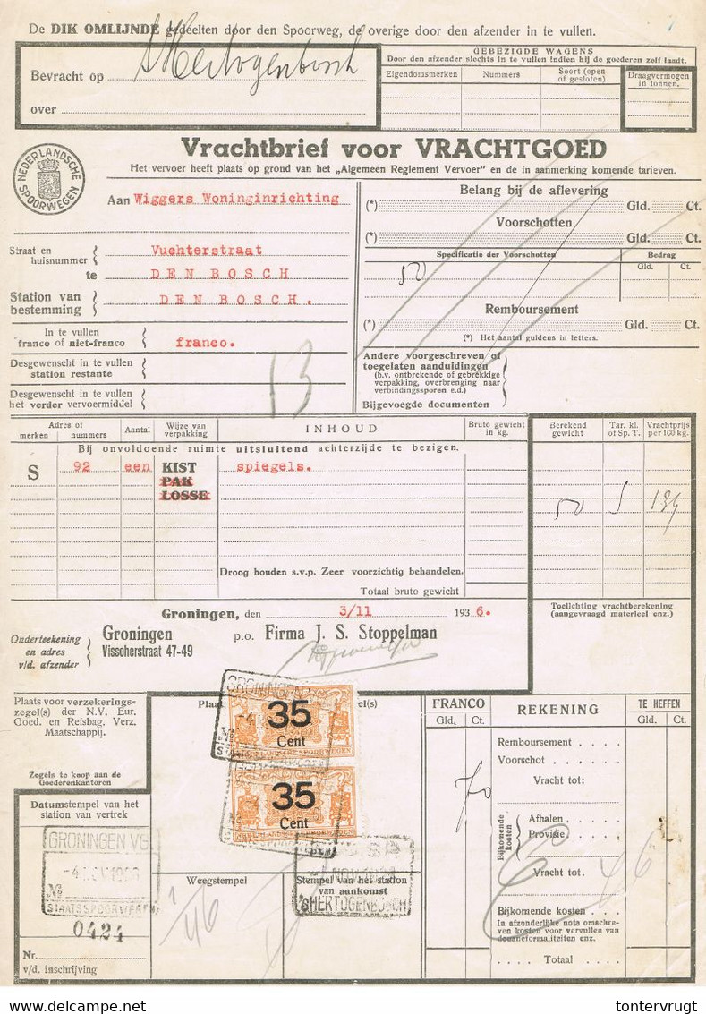 NS Spoorweg Vrachtbrief - Groningen 1936 35 Cent Geel > PAARTJE - Chemins De Fer