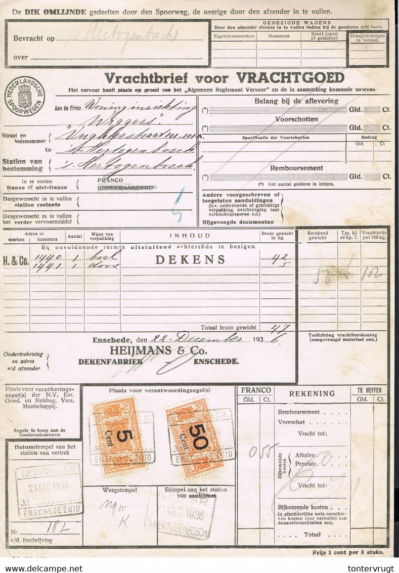 NS Spoorweg Vrachtbrief - Enschede 1936 5 Cent Geel + 50 Cent Geel - Chemins De Fer