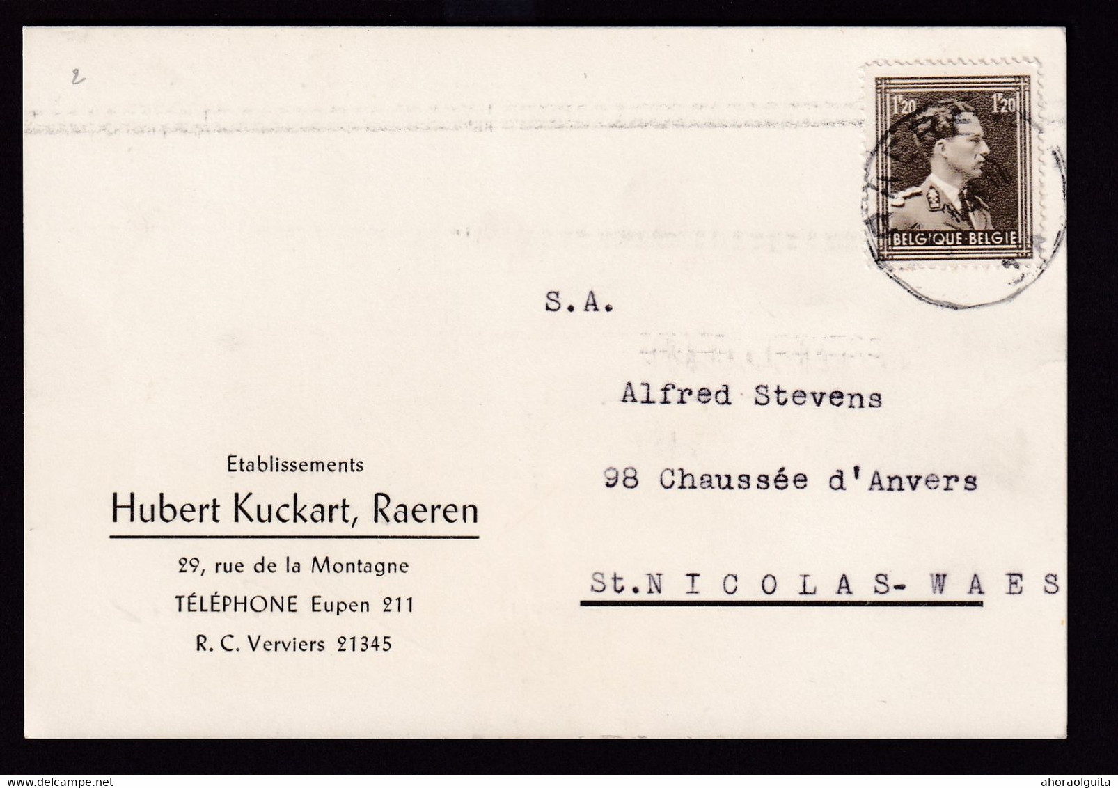 044/38 - CANTONS DE L'EST - Carte Privée TP Col Ouvert RAEREN 1956 Vers ST NICOLAS - Etablissements Hubert Kuckart - 1936-1957 Open Kraag