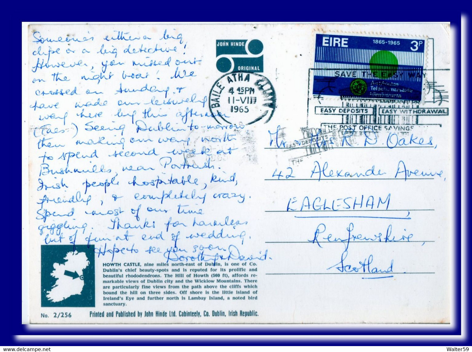 1965 Ireland Eire Postcard Howth Castle Posted Baile Atha Cliath Dublin To Scotland 2scans - Covers & Documents