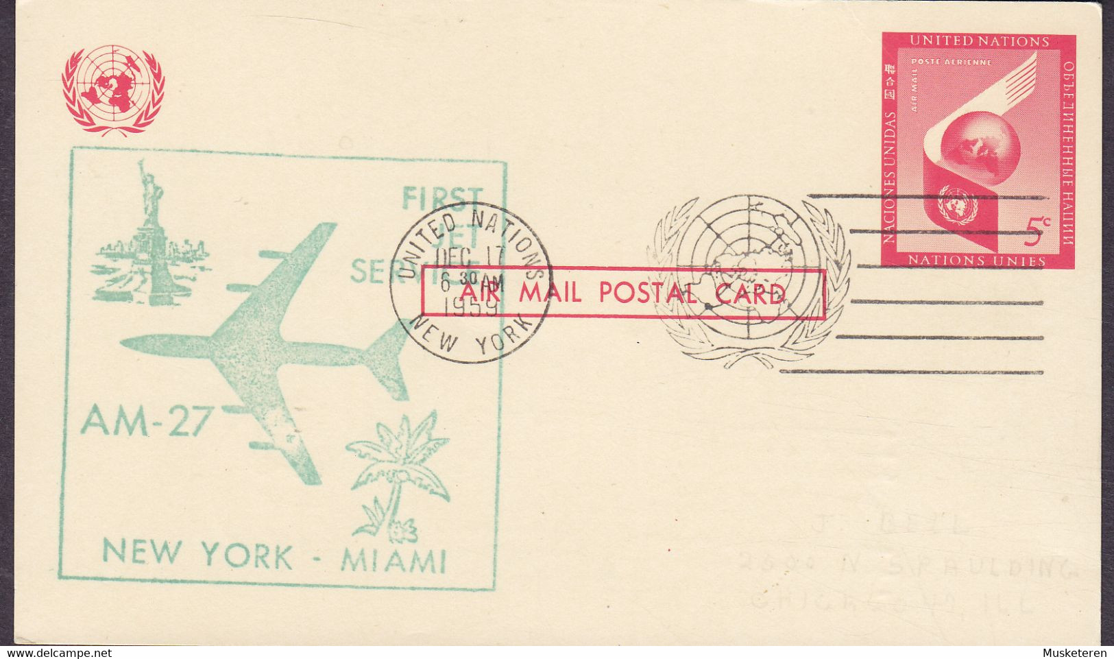 United Nations Postal Stationery Ganzsache First Jet Service Flight NEW YORK - MIAMI, NEW YORK 1959 (2 Scans) - Lettres & Documents