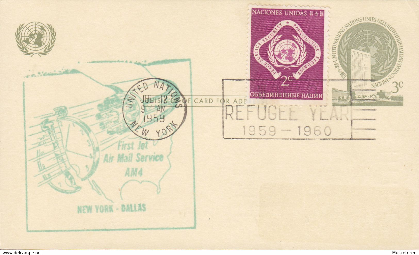 United Nations Uprated Postal Stationery Ganzsache First Jet Air Mail Service Flight NEW YORK - DALLAS, NEW YORK 1959 - Cartas & Documentos