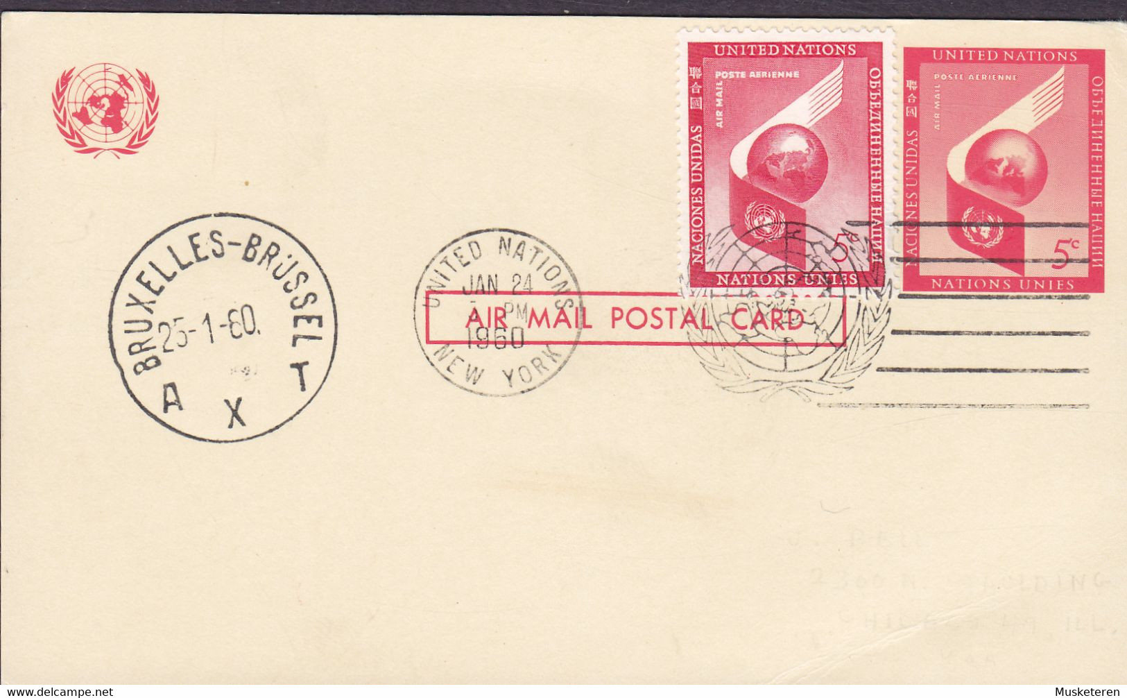 United Nations Uprated Postal Stationery Ganzsache NEW YORK 1960 BRUXELLES-Brüssel (Arr.) Belgium - Covers & Documents