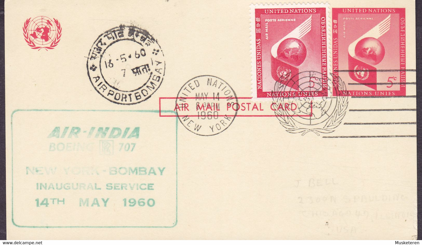 United Nations Uprated Postal Stationery Ganzsache AIR-INDIA Inaugural Service NEW YORK - BOMBAY, NEW YORK 1960 - Lettres & Documents