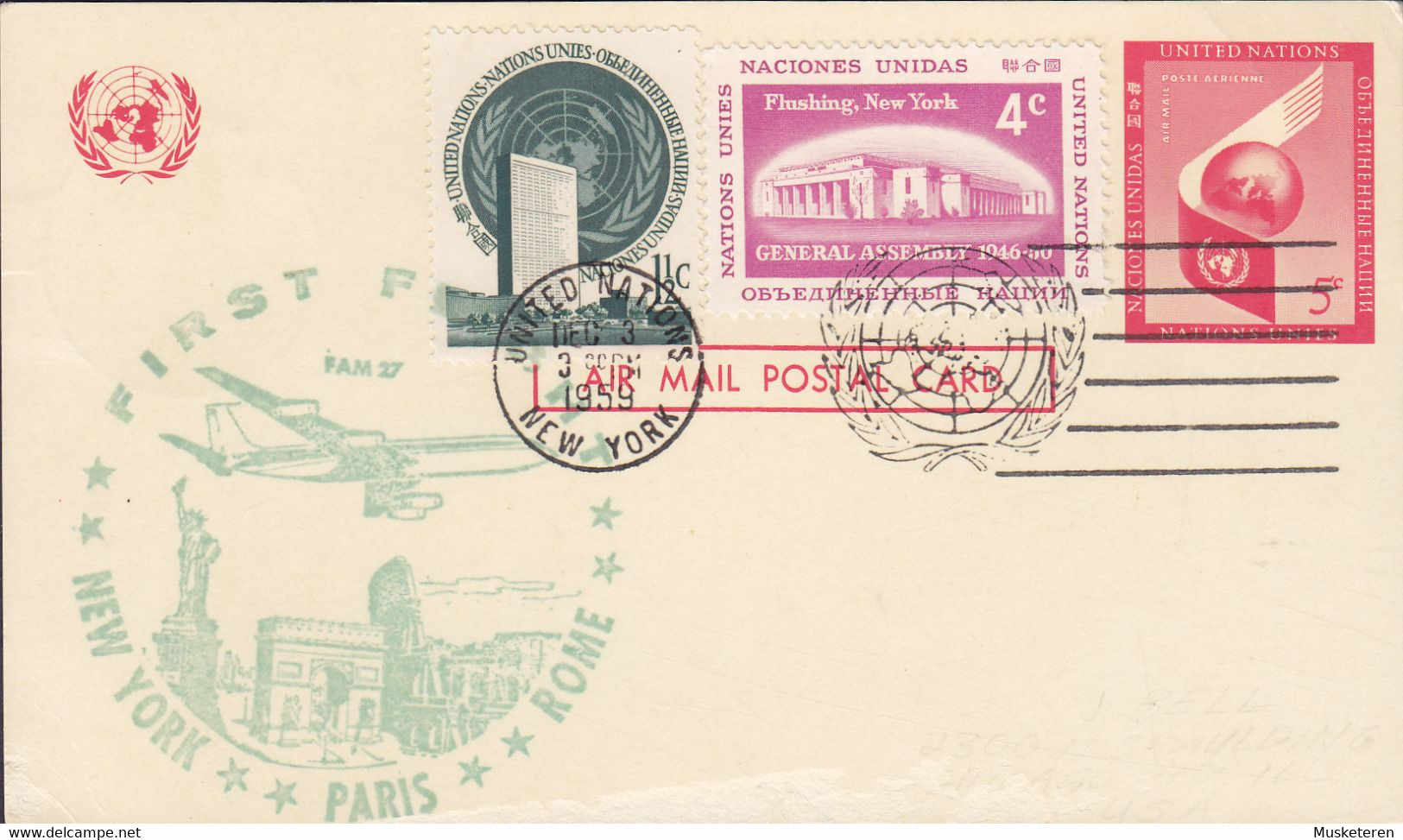 United Nations Uprated Postal Stationery Ganzsache NEW YORK - PARIS - ROME, NEW YORK 1959 (2 Scans) - Lettres & Documents