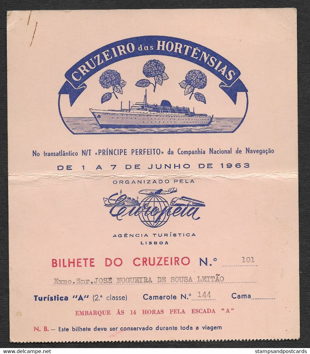 Portugal Billet 1963 Croisière Paquebot N/T Principe Perfeito CNN Companhia Nacional De Navegação Cruise Ship Ticket - Europe