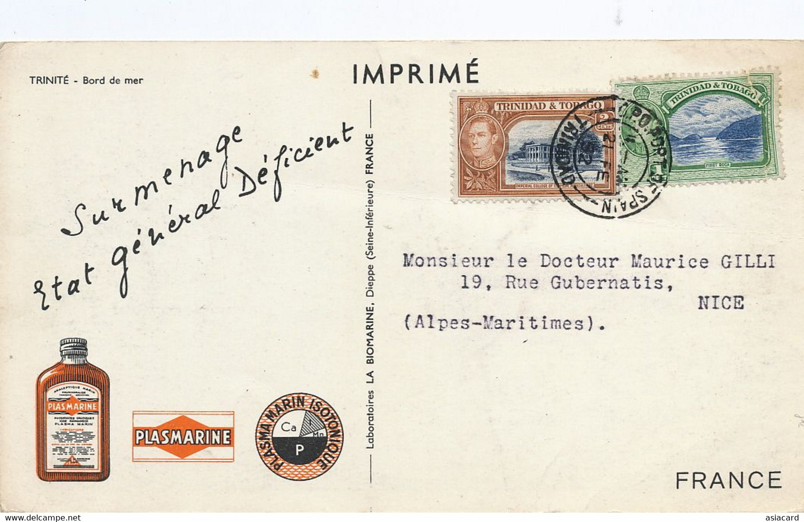 Trinité Bord De Mer  . Trinidad Advert Card For Plasmarine . 2 Stamps Size 10,5 By 18 Cms - Trinidad