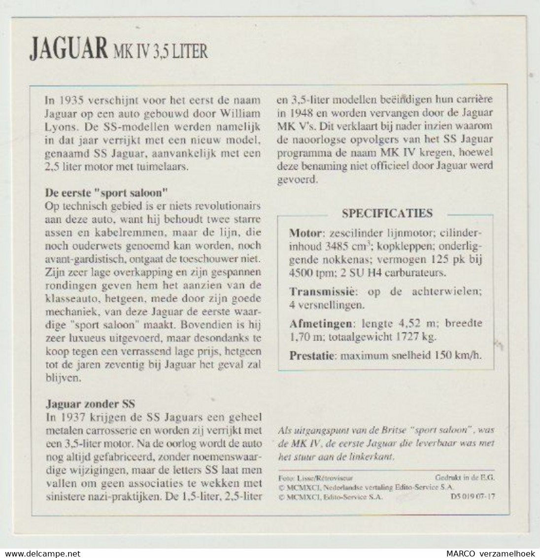 Verzamelkaarten Collectie Atlas: JAGUAR MK IV 3,5 Liter - Automobili