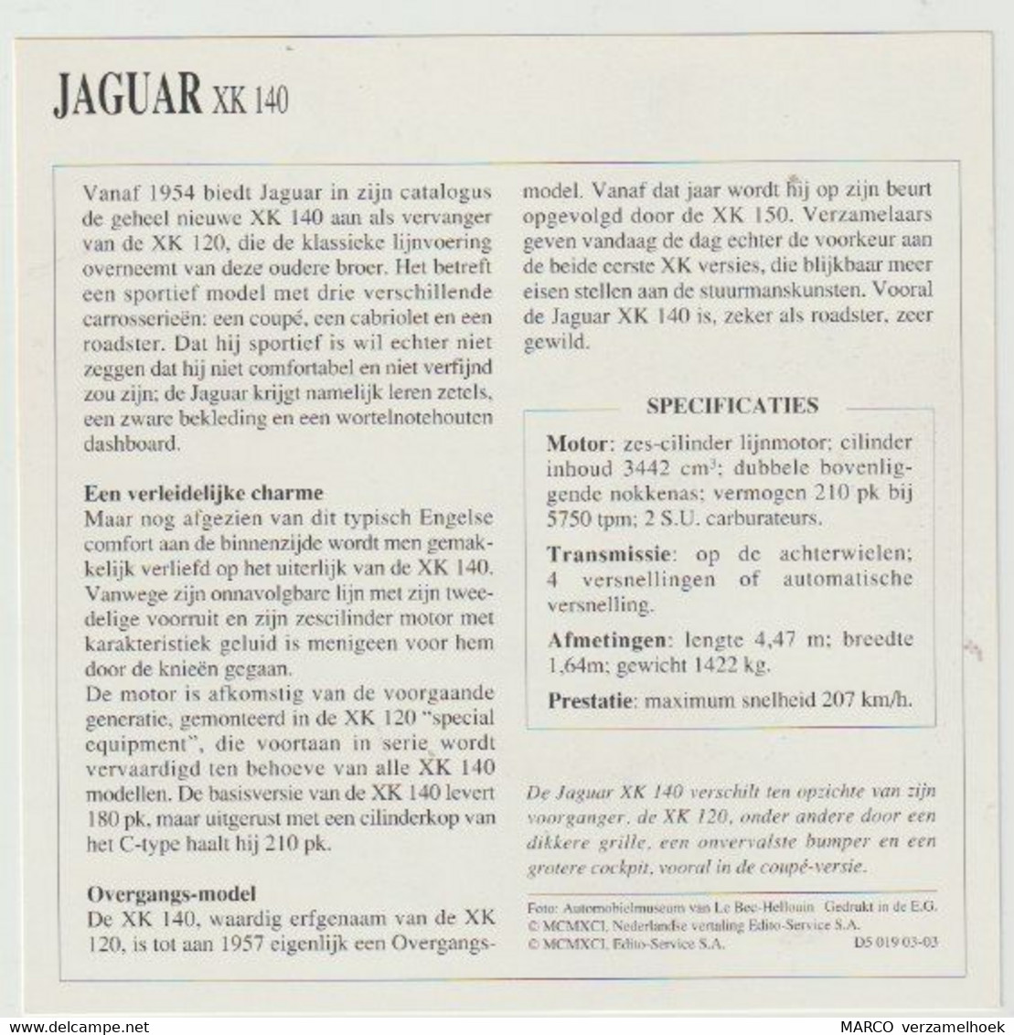 Verzamelkaarten Collectie Atlas: JAGUAR XK 140 - Automobili