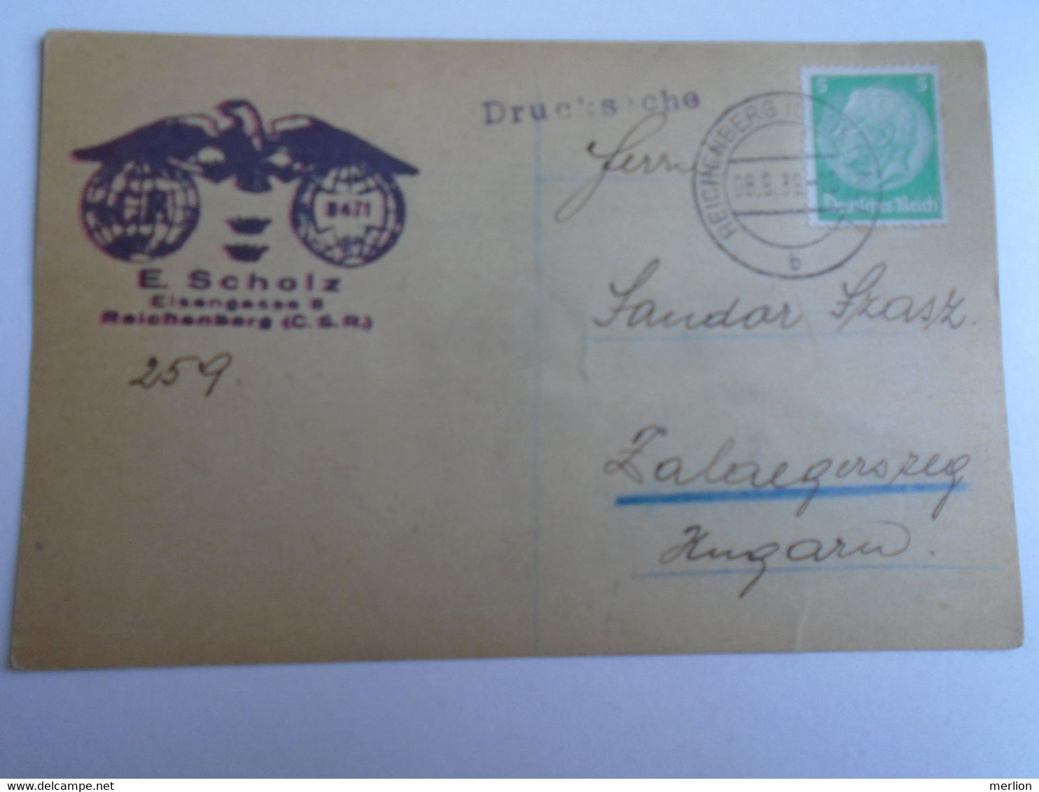 D191548   Postcard  Cancel  Reichenberg 1939  - E. Scholz Sent To Zalaegerszeg  Sandor Szasz - Other & Unclassified