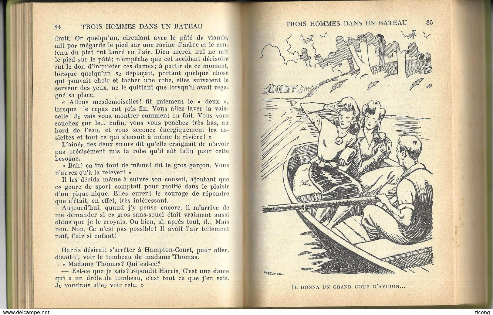 BIBLIOTHEQUE VERTE EDITION 1954  - TROIS HOMMES DANS UN BATEAU JEROME K JEROME ILLUSTRATIONS DE JEAN ROUTIER( JAQUETTE ) - Bibliotheque Verte