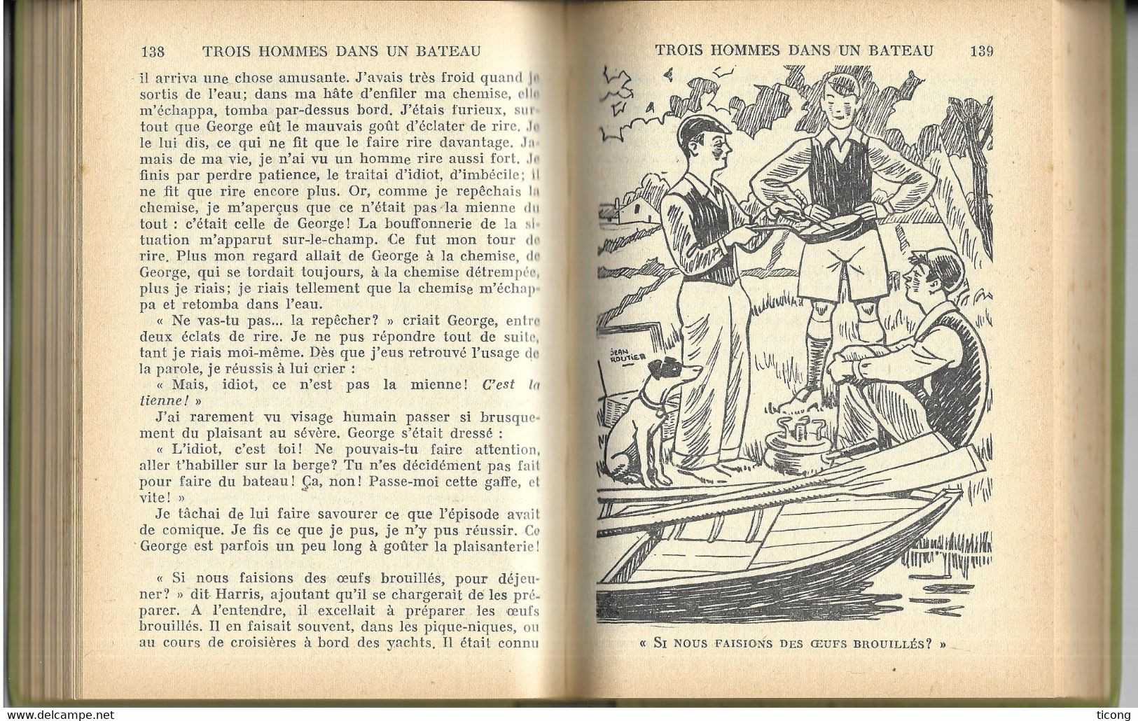 BIBLIOTHEQUE VERTE EDITION 1954  - TROIS HOMMES DANS UN BATEAU JEROME K JEROME ILLUSTRATIONS DE JEAN ROUTIER( JAQUETTE ) - Biblioteca Verde