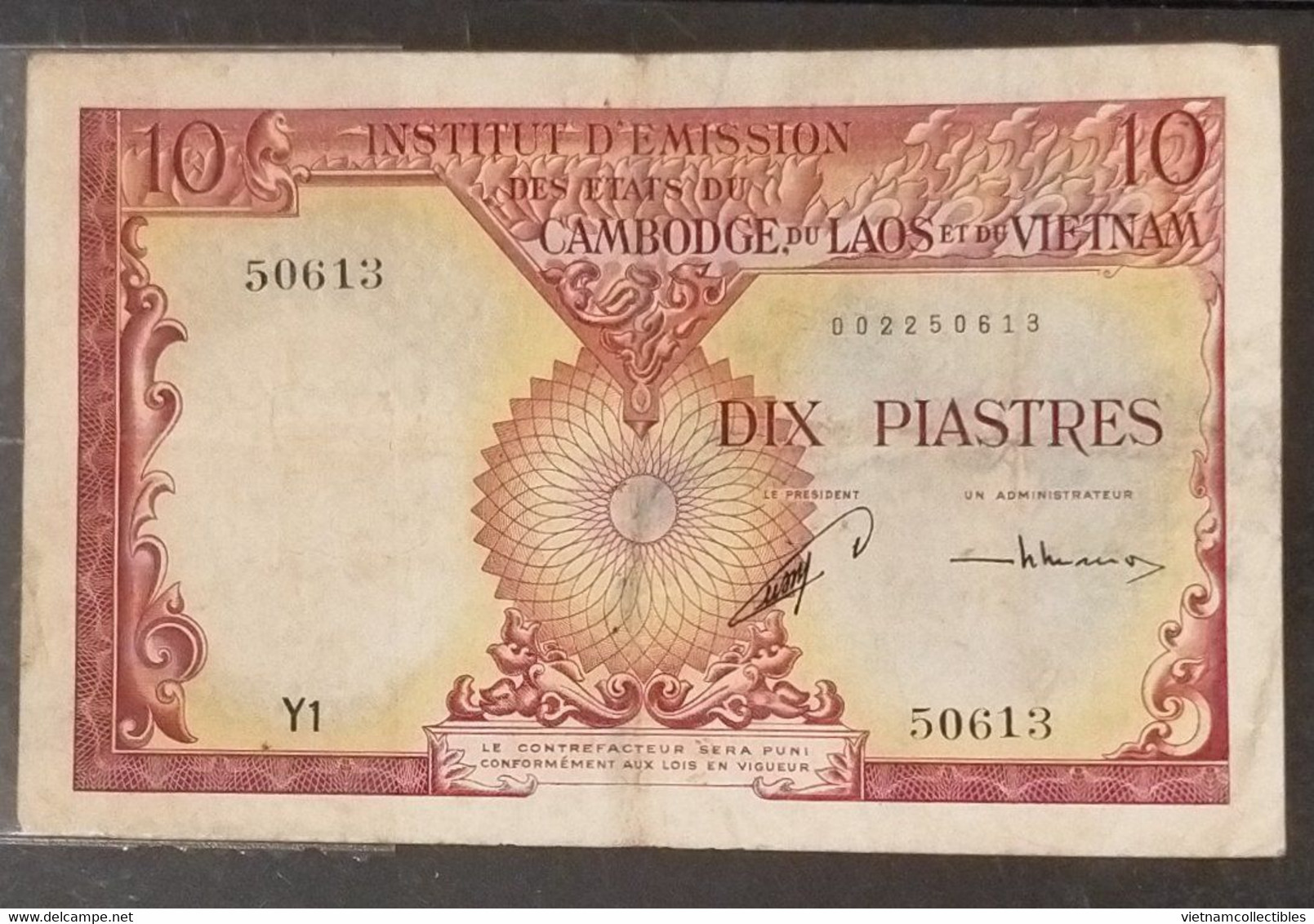 French Indochine Indochina Vietnam Viet Nam Laos Cambodia 1 Piastre VF Banknote Note 1953 - Pick # 96a / 2 Photos - Indochine