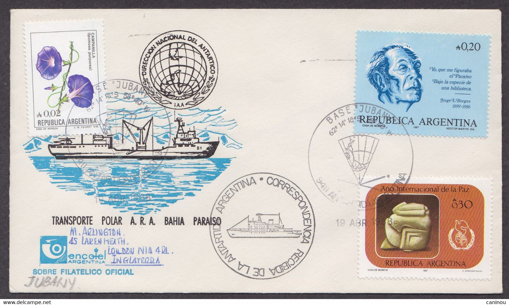 ARGENTINE COURRIER  POLAIRE ANTARCTIQUE BASE JUBANY A.R.A.BAHIA PARAISO 1988 AFFRANCHISSEMENT MULTIPLE - Storia Postale