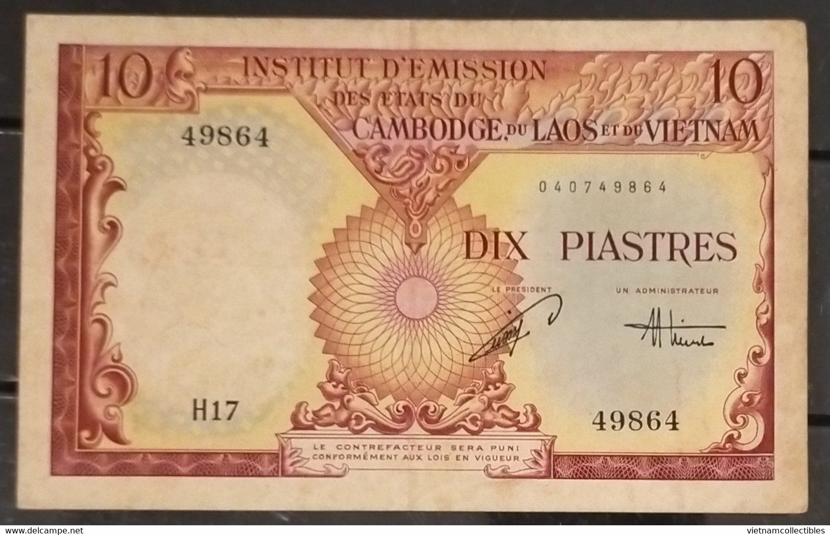 Indochine Indochina Vietnam Viet Nam Laos Cambodia 10 Piastres VF Banknote 1953 - Pick # 107 / 02 Photos - Indocina